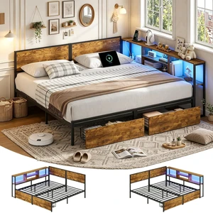 Convertible Metal Bed with Storage Drawers and Bookcase Shelves for Guest Room,Modular Bed Frame with RGB Led Light and Charging Station for Apartment, Twin Size, Brown Convertible Metal Bed with Storage Drawers and Bookcase Shelves for Guest Room,Modular Bed Frame with RGB Led Light and Charging Station for Apartment, Twin Size, Brown