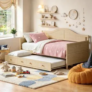 Wood Daybed with Trundle for Small Space, Farmhouse Daybed with Solid Wood Slats for Guest Room, Twin Size, Natural Wood Daybed with Trundle for Small Space, Farmhouse Daybed with Solid Wood Slats for Guest Room, Twin Size, Natural