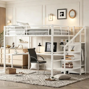 Metal Loft Bed with LShaped Desk and Storage Stairs for Gaming Room, Loft Bed with Led Light and USB Charging Station for Kids Teens, Queen Size, Off White Metal Loft Bed with LShaped Desk and Storage Stairs for Gaming Room, Loft Bed with Led Light and USB Charging Station for Kids Teens, Queen Size, Off White