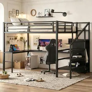 Metal Loft Bed with LShaped Desk and Storage Stairs for Gaming Room, Loft Bed with Led Light and USB Charging Station for Kids Teens, Queen-1 Size, Black Metal Loft Bed with LShaped Desk and Storage Stairs for Gaming Room, Loft Bed with Led Light and USB Charging Station for Kids Teens, Queen-1 Size, Black