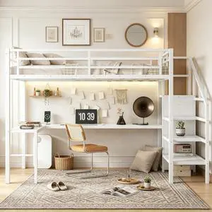Metal Loft Bed with LShaped Desk and Storage Stairs for Gaming Room, Loft Bed with Led Light and USB Charging Station for Kids Teens, Full Size, Off White Metal Loft Bed with LShaped Desk and Storage Stairs for Gaming Room, Loft Bed with Led Light and USB Charging Station for Kids Teens, Full Size, Off White