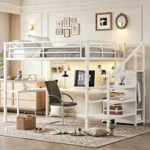 Metal Loft Bed with LShaped Desk and Storage Stairs for Gaming Room, Loft Bed with Led Light and USB Charging Station for Kids Teens, Queen Size, Antique White Metal Loft Bed with LShaped Desk and Storage Stairs for Gaming Room, Loft Bed with Led Light and USB Charging Station for Kids Teens, Queen Size, Antique White