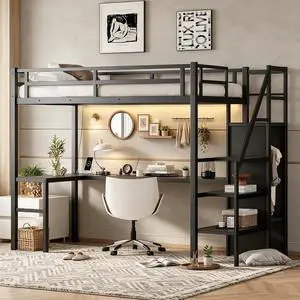 Metal Loft Bed with LShaped Desk and Storage Stairs for Gaming Room, Loft Bed with Led Light and USB Charging Station for Kids Teens, Twin XL Size, Black Metal Loft Bed with LShaped Desk and Storage Stairs for Gaming Room, Loft Bed with Led Light and USB Charging Station for Kids Teens, Twin XL Size, Black