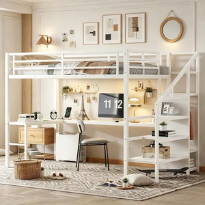 Metal Loft Bed with LShaped Desk and Storage Stairs for Gaming Room, Loft Bed with Led Light and USB Charging Station for Kids Teens, Twin XL Size, Milk White Metal Loft Bed with LShaped Desk and Storage Stairs for Gaming Room, Loft Bed with Led Light and USB Charging Station for Kids Teens, Twin XL Size, Milk White