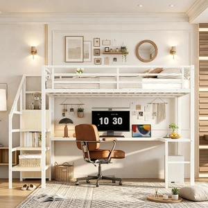 Metal Loft Bed with LShaped Desk and Storage Stairs for Gaming Room, Loft Bed with Led Light and USB Charging Station for Kids Teens, Queen Size, White Straight Grain Metal Loft Bed with LShaped Desk and Storage Stairs for Gaming Room, Loft Bed with Led Light and USB Charging Station for Kids Teens, Queen Size, White Straight Grain