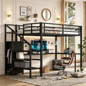 Metal Loft Bed with LShaped Desk and Storage Stairs for Gaming Room, Loft Bed with Led Light and USB Charging Station for Kids Teens, Full Size, Black Metal Loft Bed with LShaped Desk and Storage Stairs for Gaming Room, Loft Bed with Led Light and USB Charging Station for Kids Teens, Full Size, Black