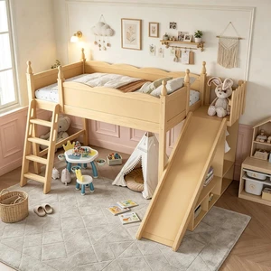 Kids Loft Bed with Slide and Storage Shelves, Pine Wood Loft Bed with Wardrobe for Boys Girls, Twin Size, Natural Kids Loft Bed with Slide and Storage Shelves, Pine Wood Loft Bed with Wardrobe for Boys Girls, Twin Size, Natural