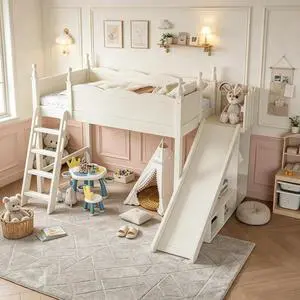 Kids Loft Bed with Slide and Storage Shelves, Pine Wood Loft Bed with Wardrobe for Boys Girls, Twin Size, Beige Kids Loft Bed with Slide and Storage Shelves, Pine Wood Loft Bed with Wardrobe for Boys Girls, Twin Size, Beige