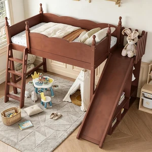 Kids Loft Bed with Slide and Storage Shelves, Pine Wood Loft Bed with Wardrobe for Boys Girls, Twin Size, Antique Natural Kids Loft Bed with Slide and Storage Shelves, Pine Wood Loft Bed with Wardrobe for Boys Girls, Twin Size, Antique Natural