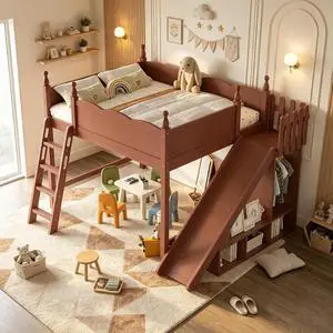Kids Loft Bed with Slide and Storage Shelves, Pine Wood Loft Bed with Wardrobe for Boys Girls, Queen Size, Antique Natural Kids Loft Bed with Slide and Storage Shelves, Pine Wood Loft Bed with Wardrobe for Boys Girls, Queen Size, Antique Natural