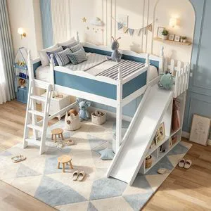 Kids Loft Bed with Slide and Storage Shelves, Pine Wood Loft Bed with Wardrobe for Boys Girls, Full Size, White+Blue Kids Loft Bed with Slide and Storage Shelves, Pine Wood Loft Bed with Wardrobe for Boys Girls, Full Size, White+Blue