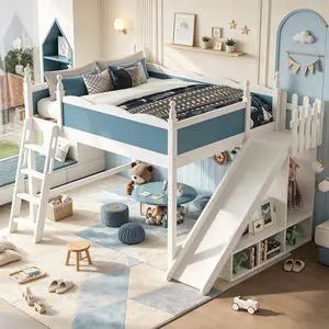 Kids Loft Bed with Slide and Storage Shelves, Pine Wood Loft Bed with Wardrobe for Boys Girls, Queen Size, White+Blue Kids Loft Bed with Slide and Storage Shelves, Pine Wood Loft Bed with Wardrobe for Boys Girls, Queen Size, White+Blue