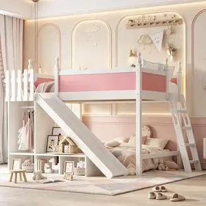 Kids Loft Bed with Slide and Storage Shelves, Pine Wood Loft Bed with Wardrobe for Boys Girls, Full Size, Pink+White Kids Loft Bed with Slide and Storage Shelves, Pine Wood Loft Bed with Wardrobe for Boys Girls, Full Size, Pink+White