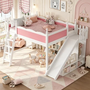 Kids Loft Bed with Slide and Storage Shelves, Pine Wood Loft Bed with Wardrobe for Boys Girls, Queen Size, Pink+White Kids Loft Bed with Slide and Storage Shelves, Pine Wood Loft Bed with Wardrobe for Boys Girls, Queen Size, Pink+White