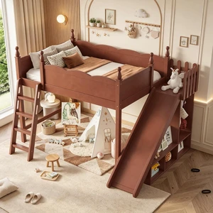 Kids Loft Bed with Slide and Storage Shelves, Pine Wood Loft Bed with Wardrobe for Boys Girls, Full Size, Antique Natural Kids Loft Bed with Slide and Storage Shelves, Pine Wood Loft Bed with Wardrobe for Boys Girls, Full Size, Antique Natural