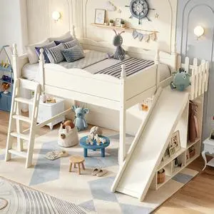 Kids Loft Bed with Slide and Storage Shelves, Pine Wood Loft Bed with Wardrobe for Boys Girls, Full Size, Beige Kids Loft Bed with Slide and Storage Shelves, Pine Wood Loft Bed with Wardrobe for Boys Girls, Full Size, Beige