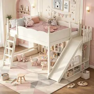 Kids Loft Bed with Slide and Storage Shelves, Pine Wood Loft Bed with Wardrobe for Boys Girls, Queen Size, Beige Kids Loft Bed with Slide and Storage Shelves, Pine Wood Loft Bed with Wardrobe for Boys Girls, Queen Size, Beige