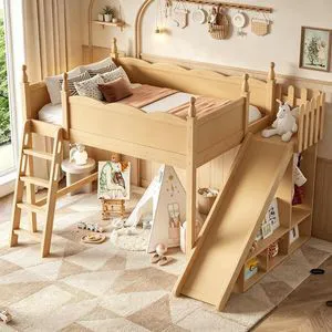 Kids Loft Bed with Slide and Storage Shelves, Pine Wood Loft Bed with Wardrobe for Boys Girls, Full Size, Natural Kids Loft Bed with Slide and Storage Shelves, Pine Wood Loft Bed with Wardrobe for Boys Girls, Full Size, Natural