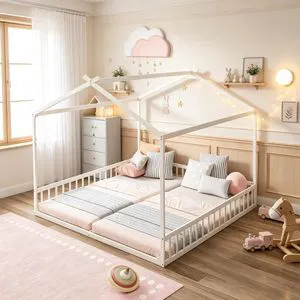 Double Twin Floor Bed Frame with Guardrails for Kids Shared Room, Wood House Floor Bed with 2 Sleeping Spaces, Twin Size, White Double Twin Floor Bed Frame with Guardrails for Kids Shared Room, Wood House Floor Bed with 2 Sleeping Spaces, Twin Size, White