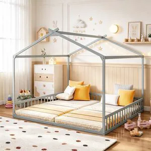 Double Twin Floor Bed Frame with Guardrails for Kids Shared Room, Wood House Floor Bed with 2 Sleeping Spaces, Twin Size, Grey Double Twin Floor Bed Frame with Guardrails for Kids Shared Room, Wood House Floor Bed with 2 Sleeping Spaces, Twin Size, Grey