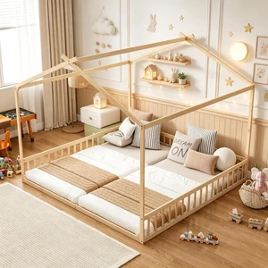 Double Twin Floor Bed Frame with Guardrails for Kids Shared Room, Wood House Floor Bed with 2 Sleeping Spaces, Twin Size, Natural Double Twin Floor Bed Frame with Guardrails for Kids Shared Room, Wood House Floor Bed with 2 Sleeping Spaces, Twin Size, Natural