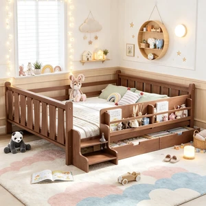Kids Low Bed with Guardrails and 2 Drawers, Montessori Floor Bed with Storage Bookcases and Stairs for Girls Boys, Queen Size, Natural Kids Low Bed with Guardrails and 2 Drawers, Montessori Floor Bed with Storage Bookcases and Stairs for Girls Boys, Queen Size, Natural