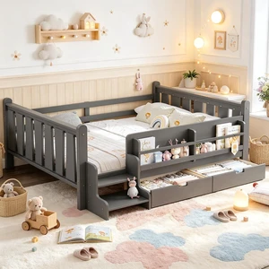 Montessori Kids Bed with Storage Bookcases and 2 Drawers, Wood Floor Bed with Guardrails and Stairs for Girls Boys, Full Size, Gray Montessori Kids Bed with Storage Bookcases and 2 Drawers, Wood Floor Bed with Guardrails and Stairs for Girls Boys, Full Size, Gray