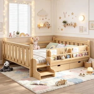 Montessori Floor Bed with Storage Bookcases and 2 Drawers for Kids, Wood Low Daybed with Guardrails and Stairs for Girls Boys, Queen Size, Light Natural Montessori Floor Bed with Storage Bookcases and 2 Drawers for Kids, Wood Low Daybed with Guardrails and Stairs for Girls Boys, Queen Size, Light Natural