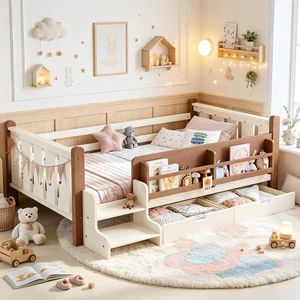 Montessori Floor Bed with Storage Bookcases and 2 Drawers for Kids, Wood Low Daybed with Guardrails and Stairs for Girls Boys, Twin Size, Beige Montessori Floor Bed with Storage Bookcases and 2 Drawers for Kids, Wood Low Daybed with Guardrails and Stairs for Girls Boys, Twin Size, Beige