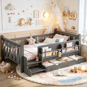 Wood Montessori Bed with Storage Bookcases and 2 Drawers, Kids Floor Bed with Guardrails and Stairs for Girls Boys, Twin Size, Gray Wood Montessori Bed with Storage Bookcases and 2 Drawers, Kids Floor Bed with Guardrails and Stairs for Girls Boys, Twin Size, Gray