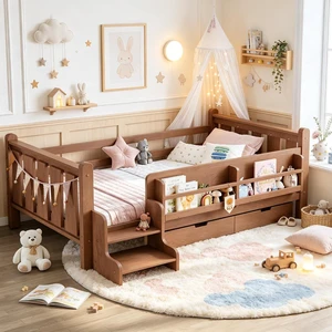 Montessori Kids Bed with Storage Bookcases and 2 Drawers, Wood Floor Bed with Guardrails and Stairs for Girls Boys, Twin Size, Natural Montessori Kids Bed with Storage Bookcases and 2 Drawers, Wood Floor Bed with Guardrails and Stairs for Girls Boys, Twin Size, Natural