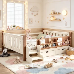 Wood Montessori Bed with Storage Bookcases and 2 Drawers, Kids Floor Bed with Guardrails and Stairs for Girls Boys, Queen Size, Beige Wood Montessori Bed with Storage Bookcases and 2 Drawers, Kids Floor Bed with Guardrails and Stairs for Girls Boys, Queen Size, Beige