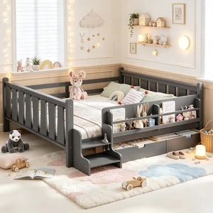 Kids Low Bed with Guardrails and 2 Drawers, Montessori Floor Bed with Storage Bookcases and Stairs for Girls Boys, Queen Size, Gray Kids Low Bed with Guardrails and 2 Drawers, Montessori Floor Bed with Storage Bookcases and Stairs for Girls Boys, Queen Size, Gray