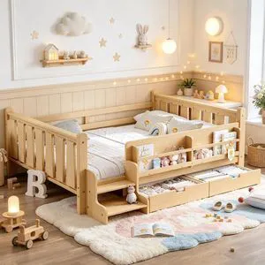 Montessori Kids Bed with Storage Bookcases and 2 Drawers, Wood Floor Bed with Guardrails and Stairs for Girls Boys, Full Size, Light Natural Montessori Kids Bed with Storage Bookcases and 2 Drawers, Wood Floor Bed with Guardrails and Stairs for Girls Boys, Full Size, Light Natural