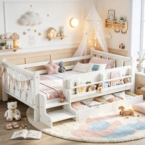 Montessori Kids Bed with Storage Bookcases and 2 Drawers, Wood Floor Bed with Guardrails and Stairs for Girls Boys, Twin Size, White Montessori Kids Bed with Storage Bookcases and 2 Drawers, Wood Floor Bed with Guardrails and Stairs for Girls Boys, Twin Size, White