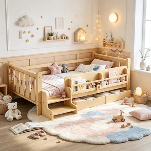 Wood Montessori Bed with Storage Bookcases and 2 Drawers, Kids Floor Bed with Guardrails and Stairs for Girls Boys, Twin Size, Light Natural Wood Montessori Bed with Storage Bookcases and 2 Drawers, Kids Floor Bed with Guardrails and Stairs for Girls Boys, Twin Size, Light Natural