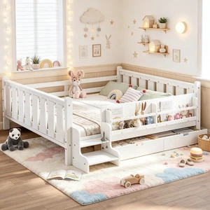 Wood Montessori Bed with Storage Bookcases and 2 Drawers, Kids Floor Bed with Guardrails and Stairs for Girls Boys, Queen Size, White Wood Montessori Bed with Storage Bookcases and 2 Drawers, Kids Floor Bed with Guardrails and Stairs for Girls Boys, Queen Size, White