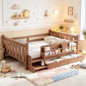 Montessori Floor Bed with Storage Bookcases and 2 Drawers for Kids, Wood Low Daybed with Guardrails and Stairs for Girls Boys, Full Size, Natural Montessori Floor Bed with Storage Bookcases and 2 Drawers for Kids, Wood Low Daybed with Guardrails and Stairs for Girls Boys, Full Size, Natural