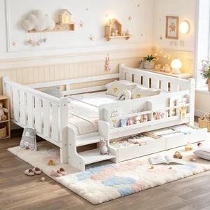 Montessori Floor Bed with Storage Bookcases and 2 Drawers for Kids, Wood Low Daybed with Guardrails and Stairs for Girls Boys, Full Size, White Montessori Floor Bed with Storage Bookcases and 2 Drawers for Kids, Wood Low Daybed with Guardrails and Stairs for Girls Boys, Full Size, White
