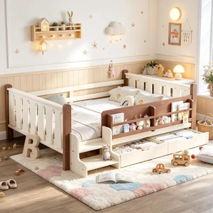 Kids Low Bed with Guardrails and 2 Drawers, Montessori Floor Bed with Storage Bookcases and Stairs for Girls Boys, Full Size, Beige Kids Low Bed with Guardrails and 2 Drawers, Montessori Floor Bed with Storage Bookcases and Stairs for Girls Boys, Full Size, Beige