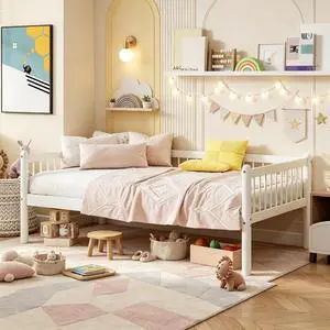 Solid Wood Daybed with Under Bed Storage and Guardrails for Living Room, Sofa Daybed for Kids Guest Room, Twin Size, White Solid Wood Daybed with Under Bed Storage and Guardrails for Living Room, Sofa Daybed for Kids Guest Room, Twin Size, White