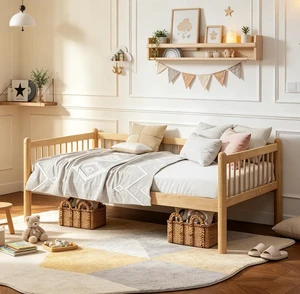 Solid Wood Daybed with Under Bed Storage and Guardrails for Living Room, Sofa Daybed for Kids Guest Room, Twin Size, Natural Solid Wood Daybed with Under Bed Storage and Guardrails for Living Room, Sofa Daybed for Kids Guest Room, Twin Size, Natural
