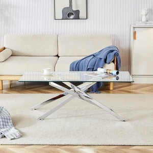 47.2" Rectangular Glass Center Table with Cross Design, Silver 47.2" Rectangular Glass Center Table with Cross Design, Silver