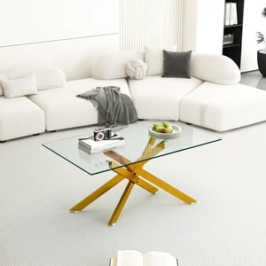 39.37" Rectangular Glass Center Table with Cross Design, Golden 39.37" Rectangular Glass Center Table with Cross Design, Golden