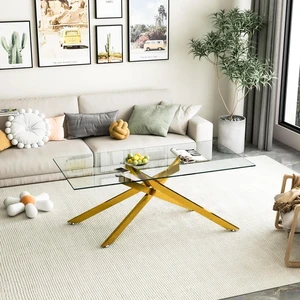 47.2" Rectangular Glass Center Table with Cross Design, Golden 47.2" Rectangular Glass Center Table with Cross Design, Golden