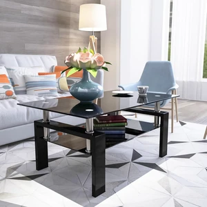 2 Tier Glass Coffee Table with Storage Shelf, Black 2 Tier Glass Coffee Table with Storage Shelf, Black