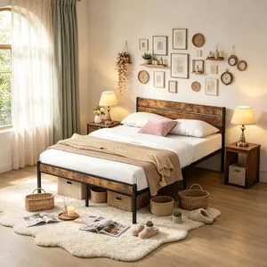 Platform Bed Fram with Wood Headboard and Footboard, Metal and Wood Bed Frame with Under Bed Storage Space for Apartment Bedroom, Easy Assembly, Full Size, Brown+Black Platform Bed Fram with Wood Headboard and Footboard, Metal and Wood Bed Frame with Under Bed Storage Space for Apartment Bedroom, Easy Assembly, Full Size, Brown+Black