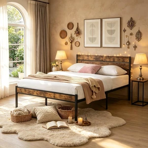 Metal Wood Bed Frame with Under Bed Storage Space, Platform Bed Fram with Wood Headboard and Footboard for Bedroom Guest Room, Easy Assembly, King Size, Brown+Black Metal Wood Bed Frame with Under Bed Storage Space, Platform Bed Fram with Wood Headboard and Footboard for Bedroom Guest Room, Easy Assembly, King Size, Brown+Black