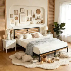 Platform Bed Fram with Headboard and Footboard, Metal and Wood Bed Frame with Under Bed Storage Space, Easy Assembly, Full Size, Brown+Black Platform Bed Fram with Headboard and Footboard, Metal and Wood Bed Frame with Under Bed Storage Space, Easy Assembly, Full Size, Brown+Black