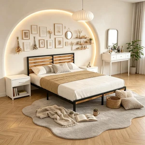 Platform Bed Fram with Headboard and Footboard, Metal and Wood Bed Frame with Under Bed Storage Space, Easy Assembly, Queen Size, Brown+Black Platform Bed Fram with Headboard and Footboard, Metal and Wood Bed Frame with Under Bed Storage Space, Easy Assembly, Queen Size, Brown+Black